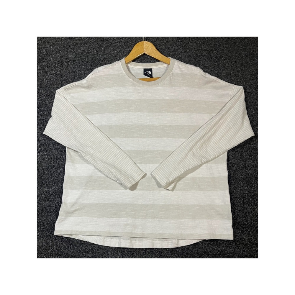 The North Face Womens Striped Long Sleeve T Shirt Size L‎ Beige Cotton Crew Neck